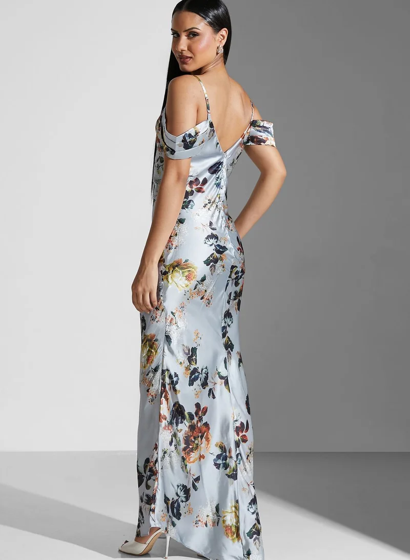 Hope & Ivy Cowl Neck Floral Print Cold Shoulder Dress