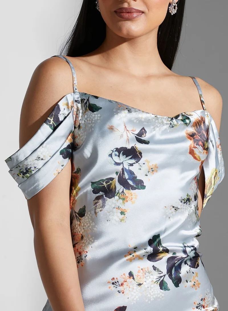 Hope & Ivy Cowl Neck Floral Print Cold Shoulder Dress