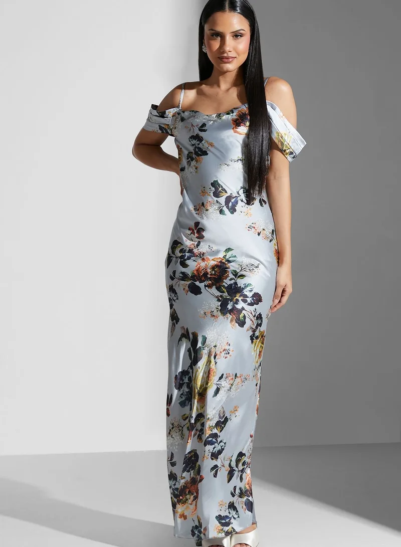 Hope & Ivy Cowl Neck Floral Print Cold Shoulder Dress