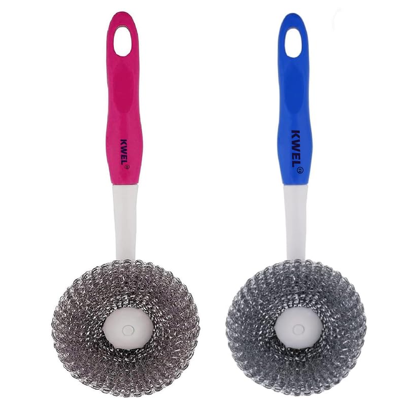 KWEL Long Handle Stainless Steel Wire Grill Brush with Hanging Hole Multipurpose Cleaning | Sink, Kitchen Cleaning Brush with Plastic Handle (Multicolor) Pack of 2 - Image 2