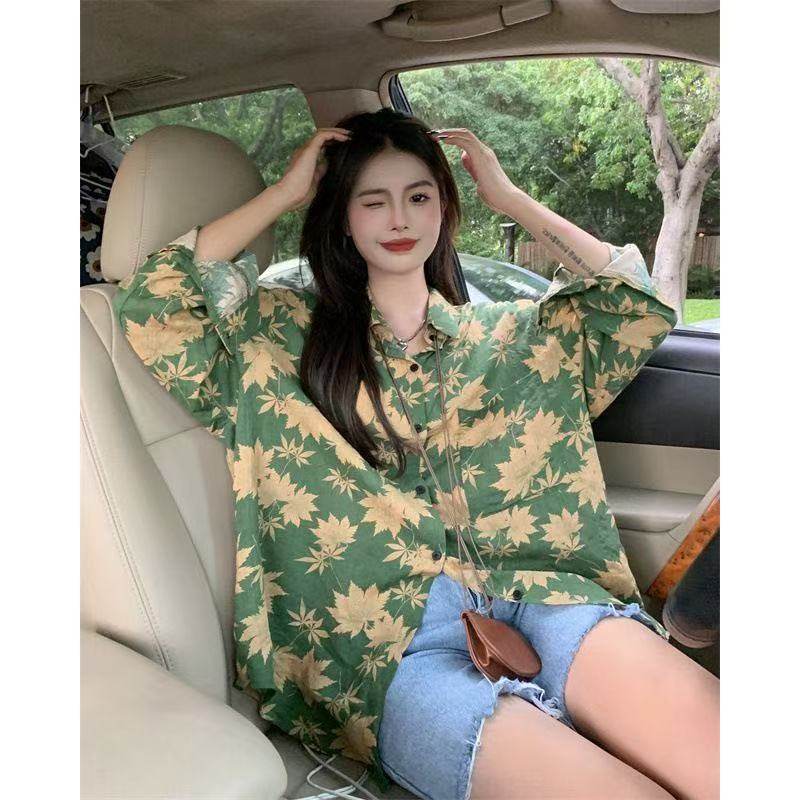Annual meeting performance green travel photo retro Hong Kong style print long-sleeved shirt spring and autumn fashion Christmas performance shirt - Image 2