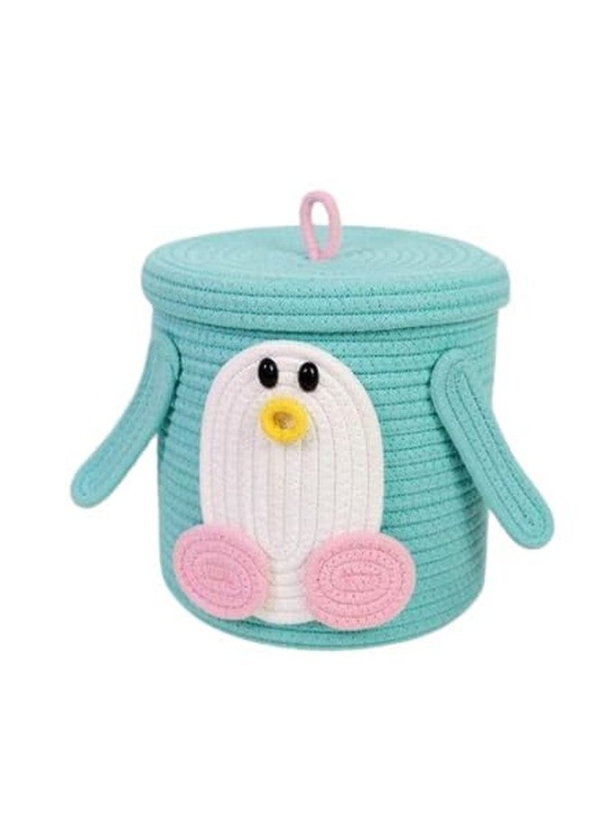 Juteify® Animal Storage Basket for Kids, Rope Storage Basket for Baby Diaper, Stuffed Animal Storage Bin Rope Basket for Kids Toy, Baby Laundry Baskets with lid (Doremon) (penguine) - Image 1