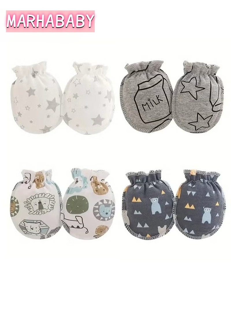 MARHABABY 4 Pairs Neonatal Scratch Resistant Face Cute Cartoon Animal And Star Pattern Comfortable And Breathable Gloves, Suitable For Boys And Girls  - Image 1
