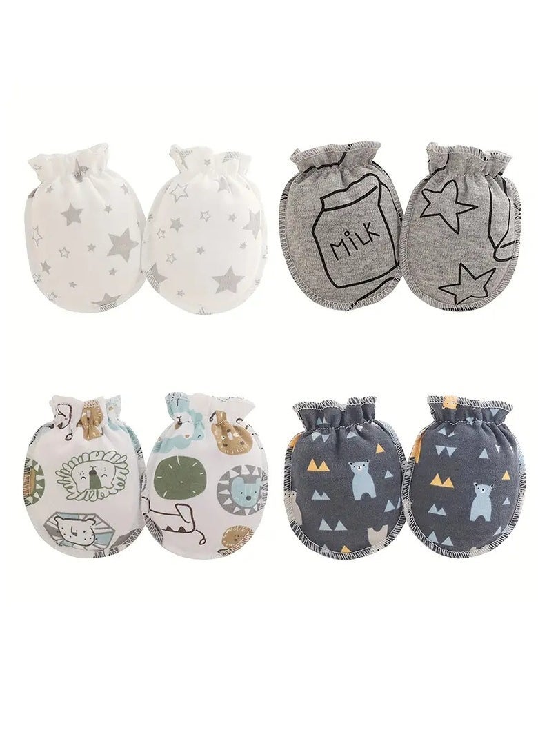 MARHABABY 4 Pairs Neonatal Scratch Resistant Face Cute Cartoon Animal And Star Pattern Comfortable And Breathable Gloves, Suitable For Boys And Girls  - Image 2