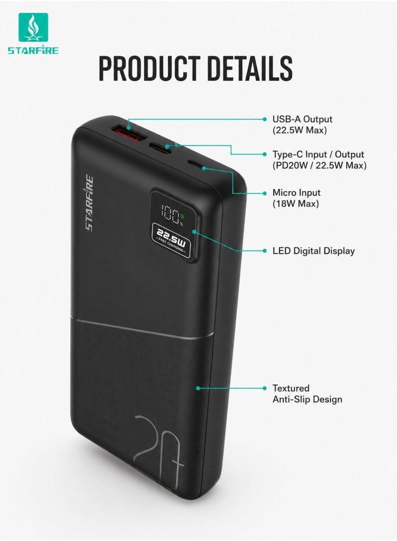 Starfire Power Bank 20000mAh, 22.5W Portable Charger with PD 20W Fast Charging, USB-C Input & Output and Digital Display for iPhone 17/16/15, Galaxy S25/S24, iPad, AirPods and More - Image 4