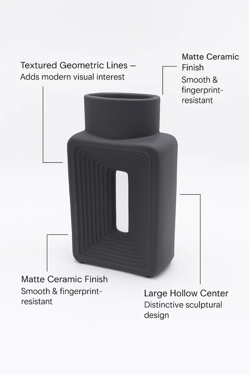 ماريا هومز مزهرية خزفية هندسية رمادية غير لامعة – أصيص زهور مزخرف مستطيل حديث بتصميم مقطوع - Image 3