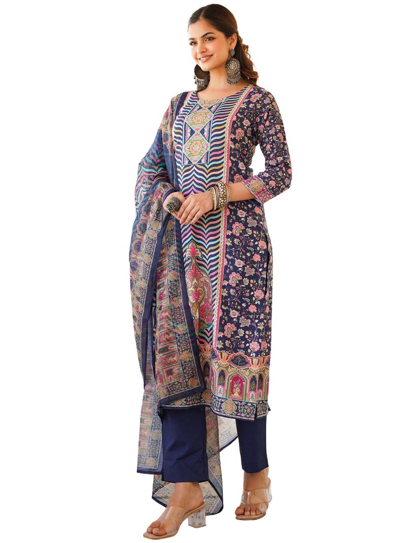 Vaamsi Women's Blue Rayon Printed Straight Kurta Pants With Dupatta Set | Festive Straight Kurta Set For Women | Printed Salwar Suit For Women (SKSKD3049, L) - Image 1