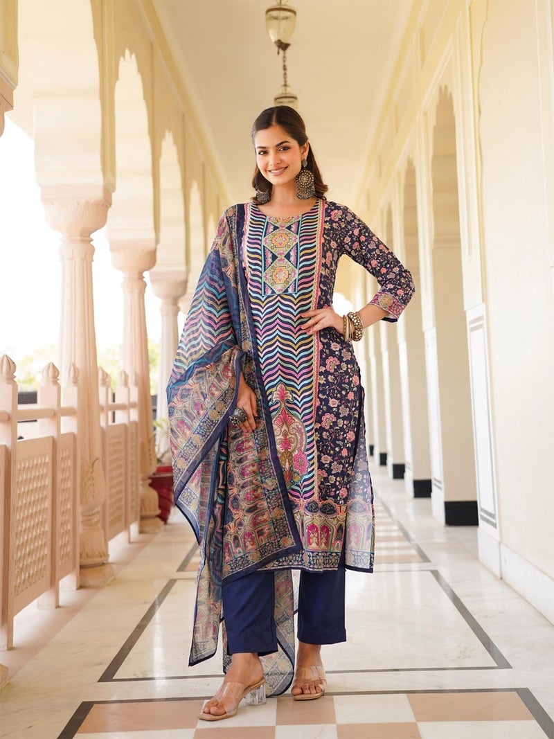 Vaamsi Women's Blue Rayon Printed Straight Kurta Pants With Dupatta Set | Festive Straight Kurta Set For Women | Printed Salwar Suit For Women (SKSKD3049, L) - Image 5