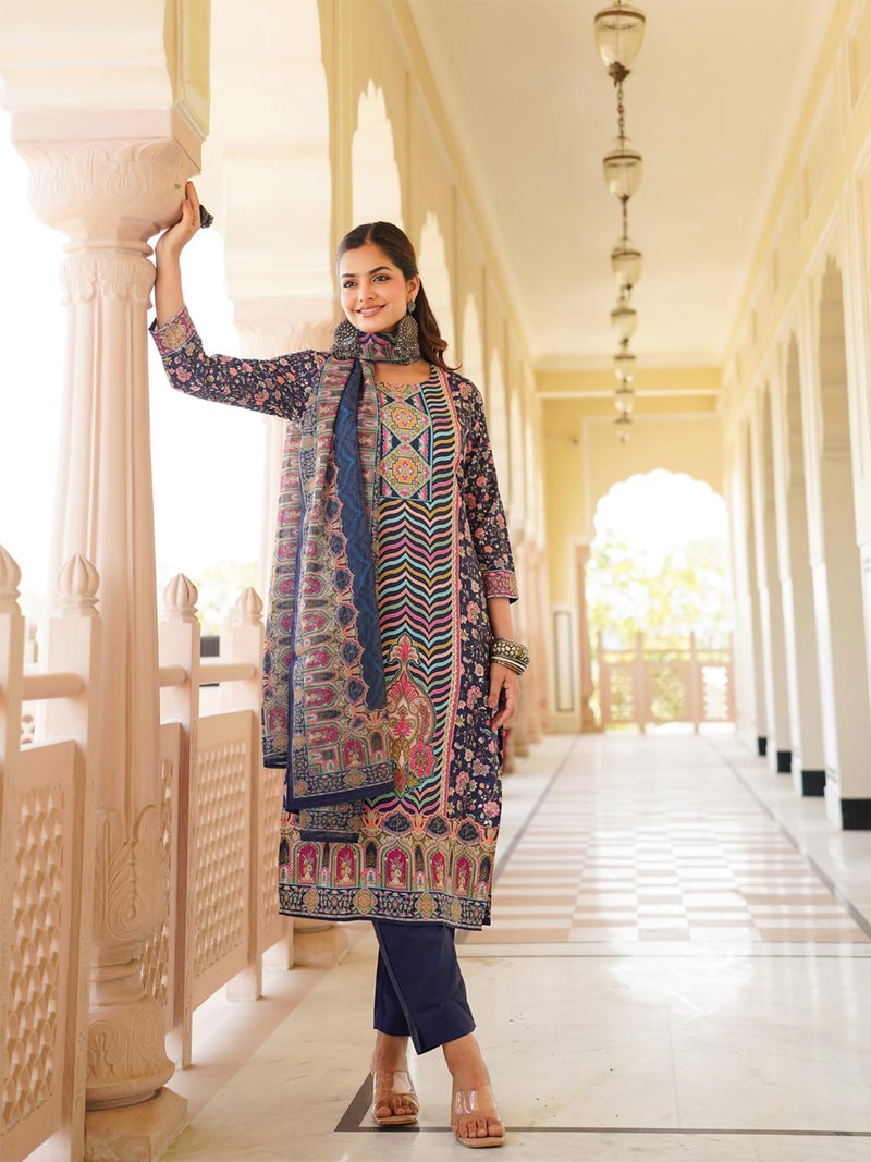 Vaamsi Women's Blue Rayon Printed Straight Kurta Pants With Dupatta Set | Festive Straight Kurta Set For Women | Printed Salwar Suit For Women (SKSKD3049, L) - Image 3