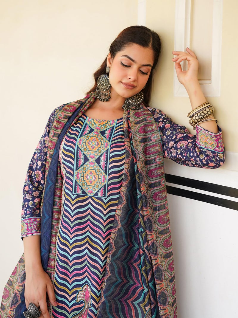 Vaamsi Women's Blue Rayon Printed Straight Kurta Pants With Dupatta Set | Festive Straight Kurta Set For Women | Printed Salwar Suit For Women (SKSKD3049, L) - Image 2