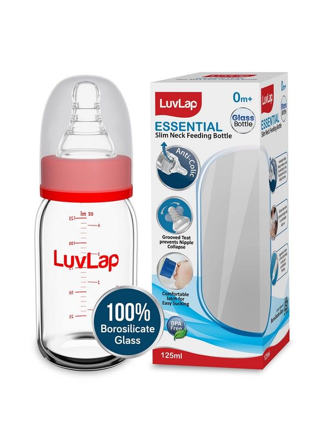 Luvlap زجاجة رضاعة أساسية رفيعة الرقبة 125 مل للأطفال من سن 0 أشهر فما فوق حتى 3 سنوات مصنوعة من زجاج البورسليكات خالية من مادة BPA ذات شكل مريح يسهل حملها مع حلمة مضادة للمغص باللونين الأبيض والأحمر عبوة من قطعة واحدة - Image 2