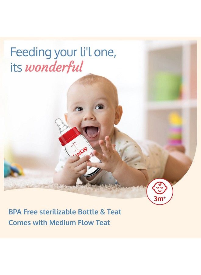 Luvlap زجاجة رضاعة أساسية رفيعة الرقبة 125 مل للأطفال من سن 0 أشهر فما فوق حتى 3 سنوات مصنوعة من زجاج البورسليكات خالية من مادة BPA ذات شكل مريح يسهل حملها مع حلمة مضادة للمغص باللونين الأبيض والأحمر عبوة من قطعة واحدة - Image 3