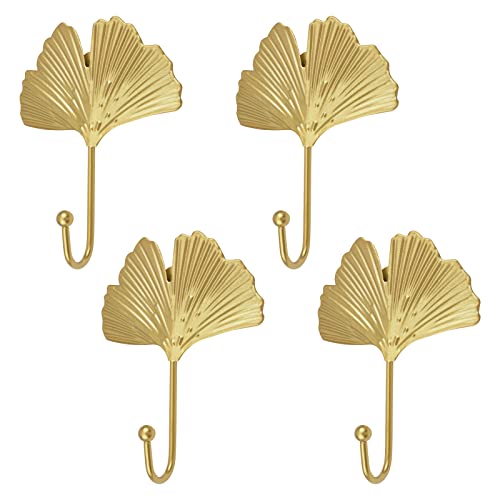 MOROBOR Decorative Leaves Iron Hooks,4pcs Ginkgo Leaf Shape Wall Mounted Hooks Modern Key Holder Wall Mounted Gold Single Prong Hat Hanger Home Office Nursery Room Decoration - Image 1