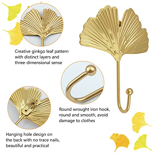 MOROBOR Decorative Leaves Iron Hooks,4pcs Ginkgo Leaf Shape Wall Mounted Hooks Modern Key Holder Wall Mounted Gold Single Prong Hat Hanger Home Office Nursery Room Decoration - Image 4