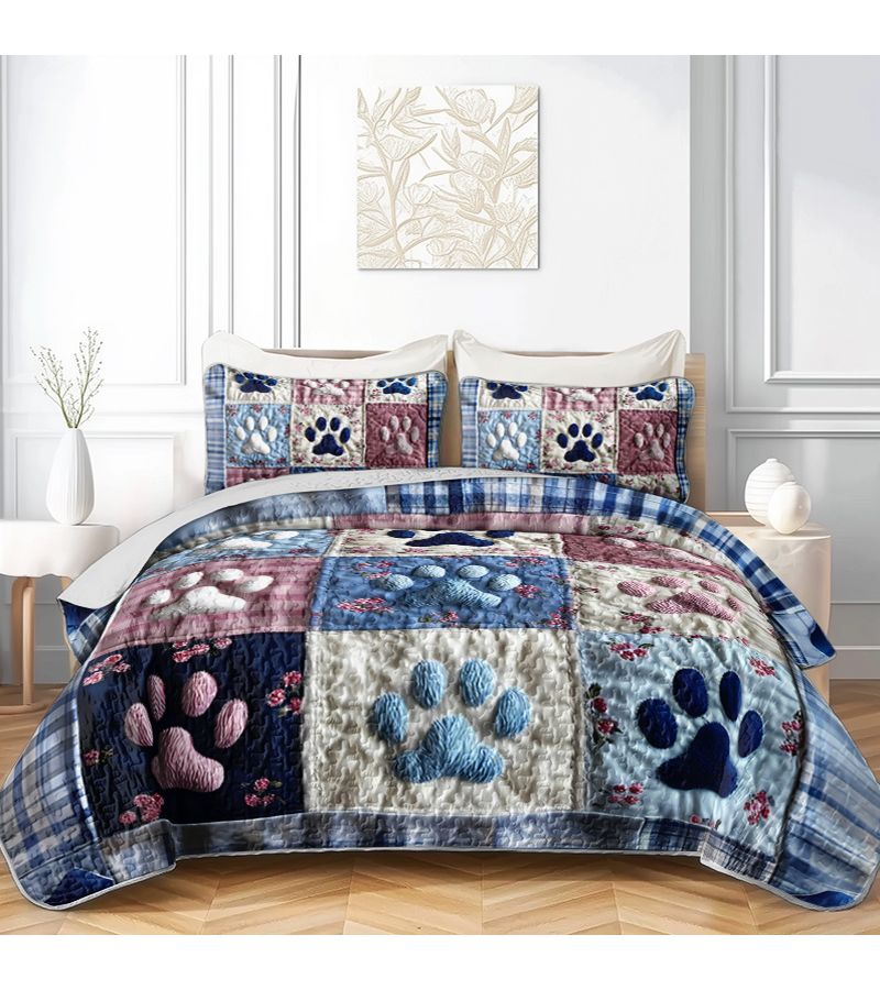 Multi Color Paw Print Quilt Cover Set Full Queen Size Breathable - Image 2