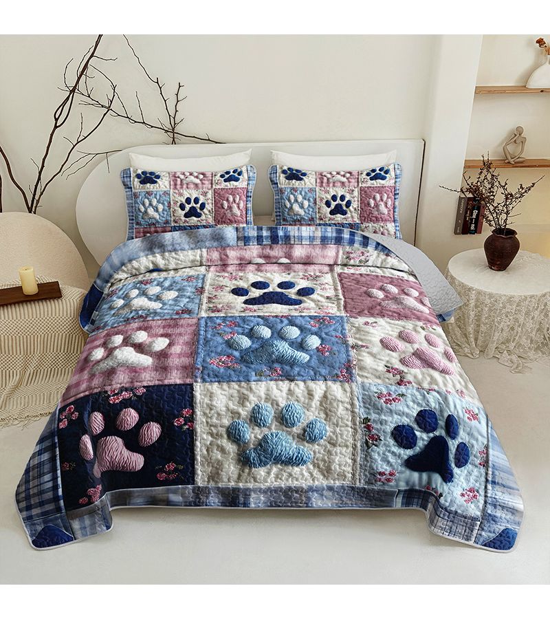 Multi Color Paw Print Quilt Cover Set Full Queen Size Breathable - Image 1