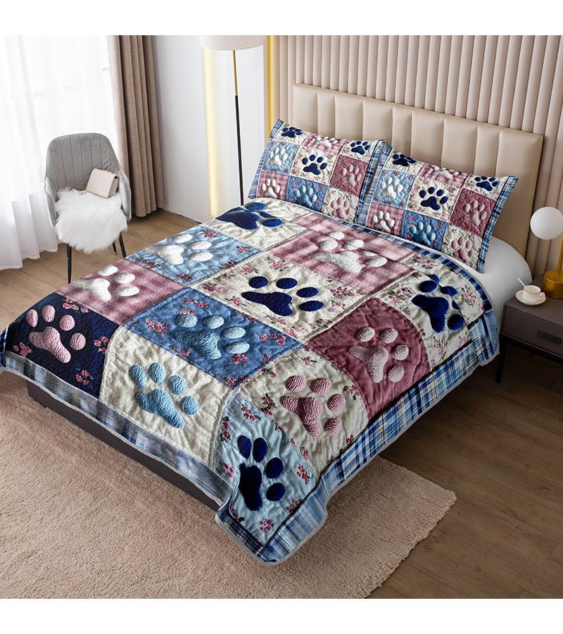 Multi Color Paw Print Quilt Cover Set Full Queen Size Breathable - Image 4