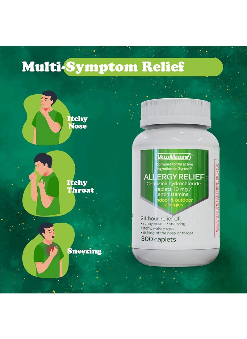 ValuMeds - ValuMeds 24-Hour Allergy Medicine (300-Count) Antihistamine for Pollen, Hay Fever, Dry, Itchy Eyes, Allergies | Cetirizine HCl 10mg Caplets, Compare to Zyrtec - Packaging may vary - Image 1