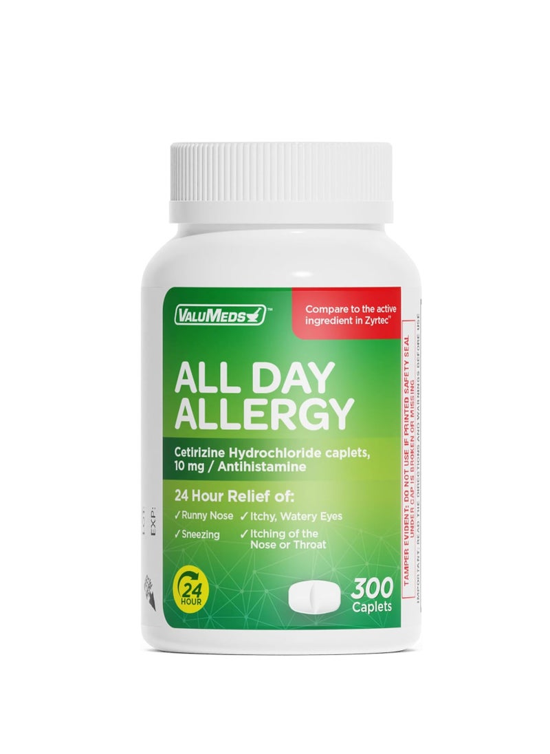 ValuMeds - ValuMeds 24-Hour Allergy Medicine (300-Count) Antihistamine for Pollen, Hay Fever, Dry, Itchy Eyes, Allergies | Cetirizine HCl 10mg Caplets, Compare to Zyrtec - Packaging may vary - Image 1