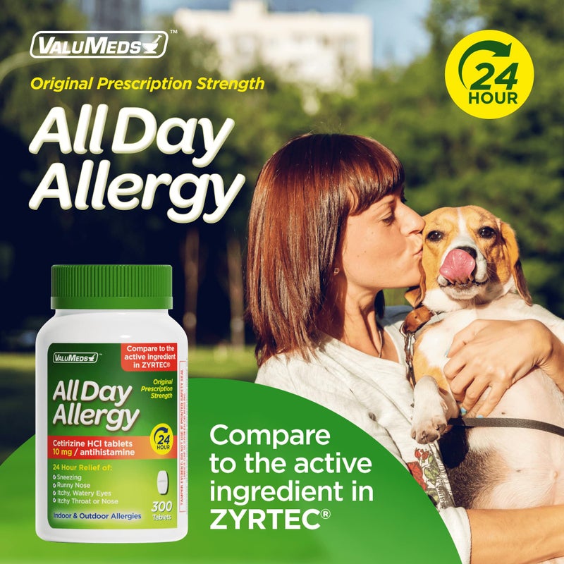ValuMeds 24-Hour Allergy Medicine Antihistamine for Pollen, Hay Fever, Dry, Itchy Eyes, Allergies | Cetirizine HCl 10mg Caplets, Compare to Leading Brand (300 Count) - Image 2