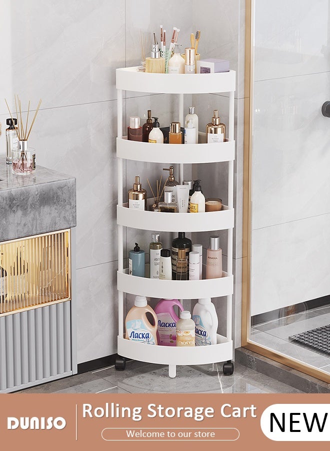 DUNISO 5 Tier  Shower Caddy Bathroom Corner Shelf,Rolling Utility Cart Multifunctional Storage Organizer with Wheels Plastic Corner Storage Cart Triangular Storage Rack for Kitchen Laundry Bedroom Office  - Image 1