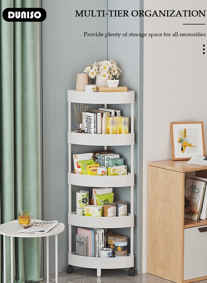 DUNISO 5 Tier  Shower Caddy Bathroom Corner Shelf,Rolling Utility Cart Multifunctional Storage Organizer with Wheels Plastic Corner Storage Cart Triangular Storage Rack for Kitchen Laundry Bedroom Office  - Image 5