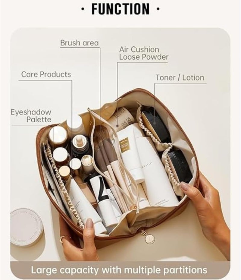Sprqcart Large Capacity Travel Cosmetic Bag with Handle and Divider - Multifunctional Makeup Bag for Easy Access, Waterproof- (-Brown) - Image 4