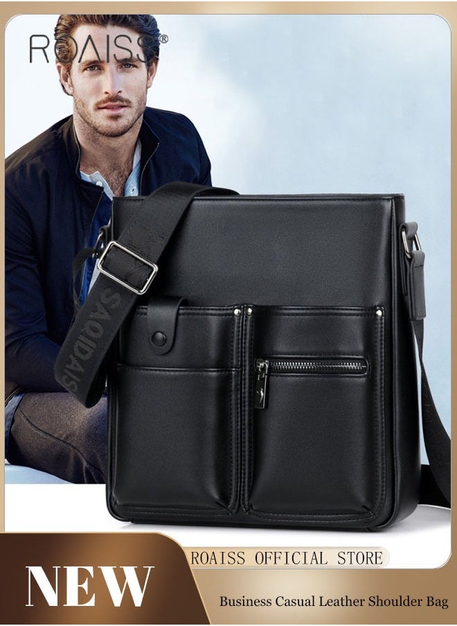 roaiss Men's Casual Business Multi Pocket Crossbody Bag Adjustable Shoulder Strap Pu Leather Shoulder Bag Large Capacity Design Multi Pocket Leather Bag  - Image 1