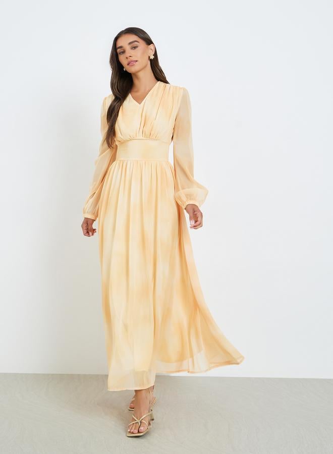 Styli Women Yellow Tie-Dye Balloon Sleeve Maxi Dress - Image 3