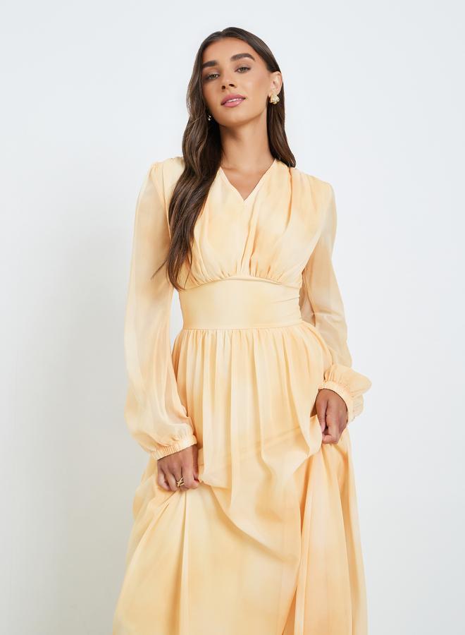 Styli Women Yellow Tie-Dye Balloon Sleeve Maxi Dress - Image 2