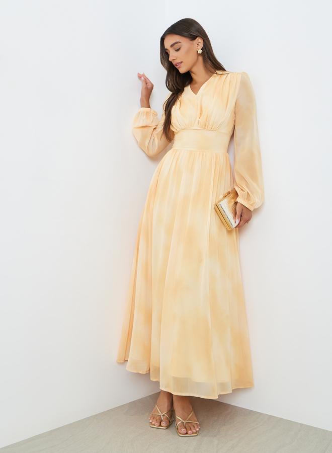 Styli Women Yellow Tie-Dye Balloon Sleeve Maxi Dress - Image 1
