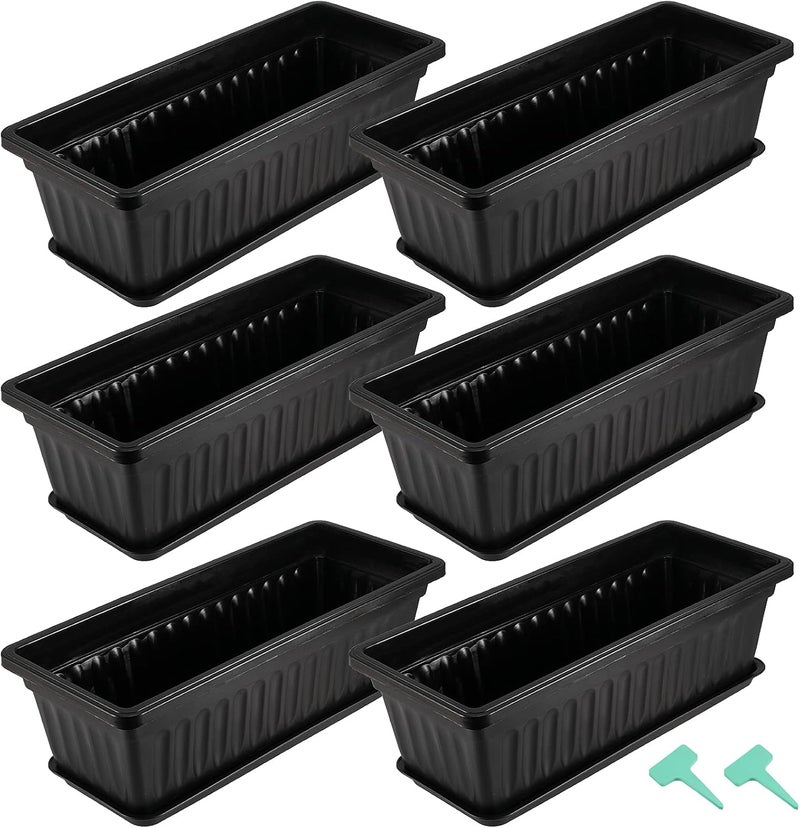 HAKZEON 6 Pack 17 Inches Plastic Flower Box Planters with Trays, Countryside Flower Window Boxes with 30 Plant Labels, Black Rectangular Vegetable Planters for Windowsill, Porch, Balcony, Garden - Image 1