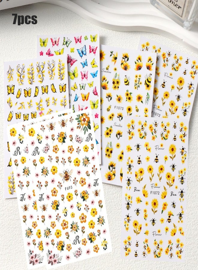7 Sheets Flower Nail Art Sticker Decals Butterfly Sunflower Bee Floral Design Self Adhesive Decals Nail Art Supplies Manicure Decorations - Image 2