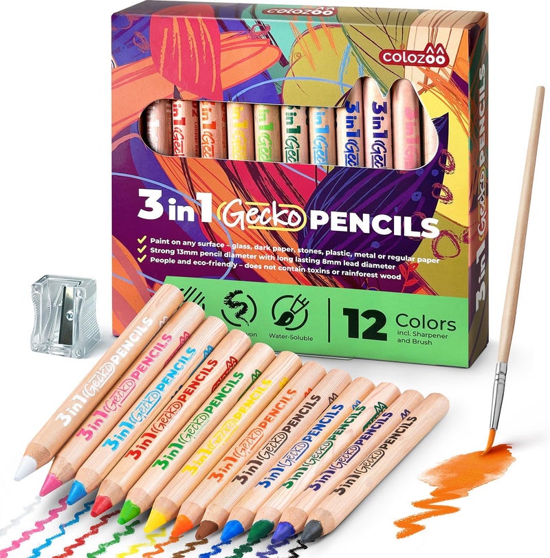 colozoo 3 In 1 Chubby Color Pencils for Kids - Fat Colored Pencils 12 Colors Set inc. Brush and Sharpener - Non-Toxic and Vegan for Ages 3 And Up - Image 1