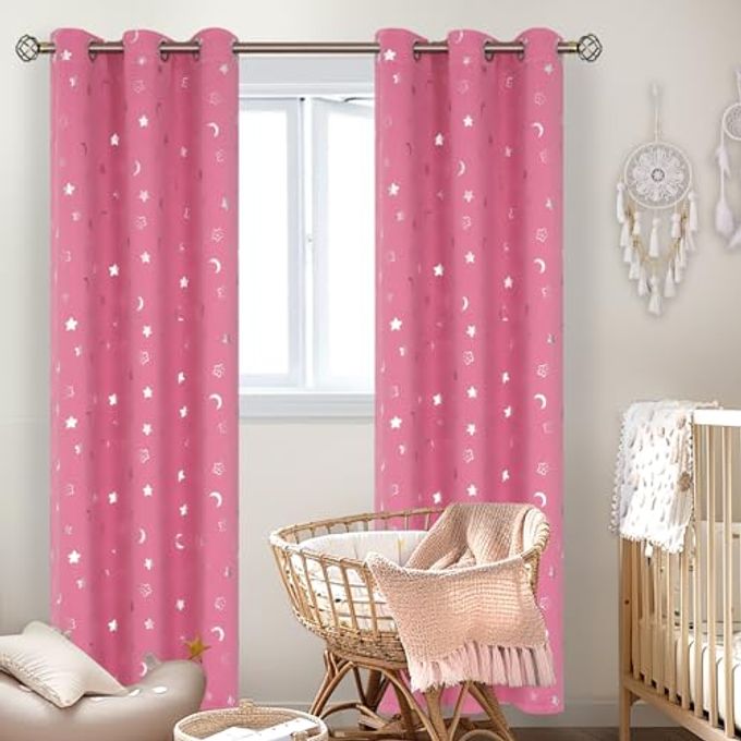 BGment Pink Curtains for Girls Bedroom 84 Inch Length, Star and Moon Blackout Curtains for Kids Babys Bedroom, Room Darkening Thermal Insulated Window Grommet Curtains for Nursery, 42 Wide, 2 Panels - Image 2