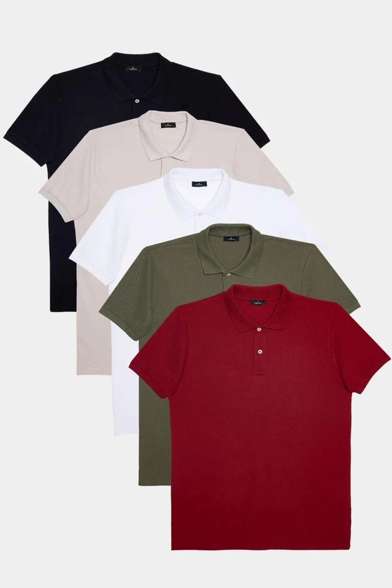 تودورس Men's 5-Pack Black-Gray-White-Khaki-Burgundy Slim Fit Slim Fit Cotton Plain Pique Polo Neck T-Shirt