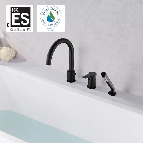 SUMERAIN Matte Black Roman Tub Faucet 3 Holes Deck Mount Bathtub Faucet with Handheld Shower Sprayer - Image 2