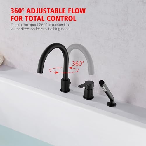 SUMERAIN Matte Black Roman Tub Faucet 3 Holes Deck Mount Bathtub Faucet with Handheld Shower Sprayer - Image 3
