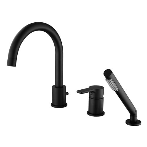 SUMERAIN Matte Black Roman Tub Faucet 3 Holes Deck Mount Bathtub Faucet with Handheld Shower Sprayer - Image 1