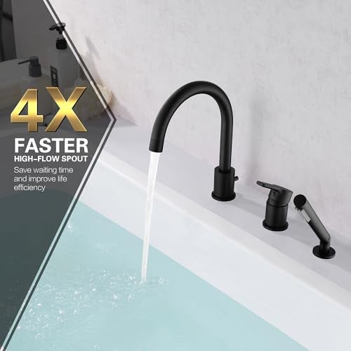 SUMERAIN Matte Black Roman Tub Faucet 3 Holes Deck Mount Bathtub Faucet with Handheld Shower Sprayer - Image 4