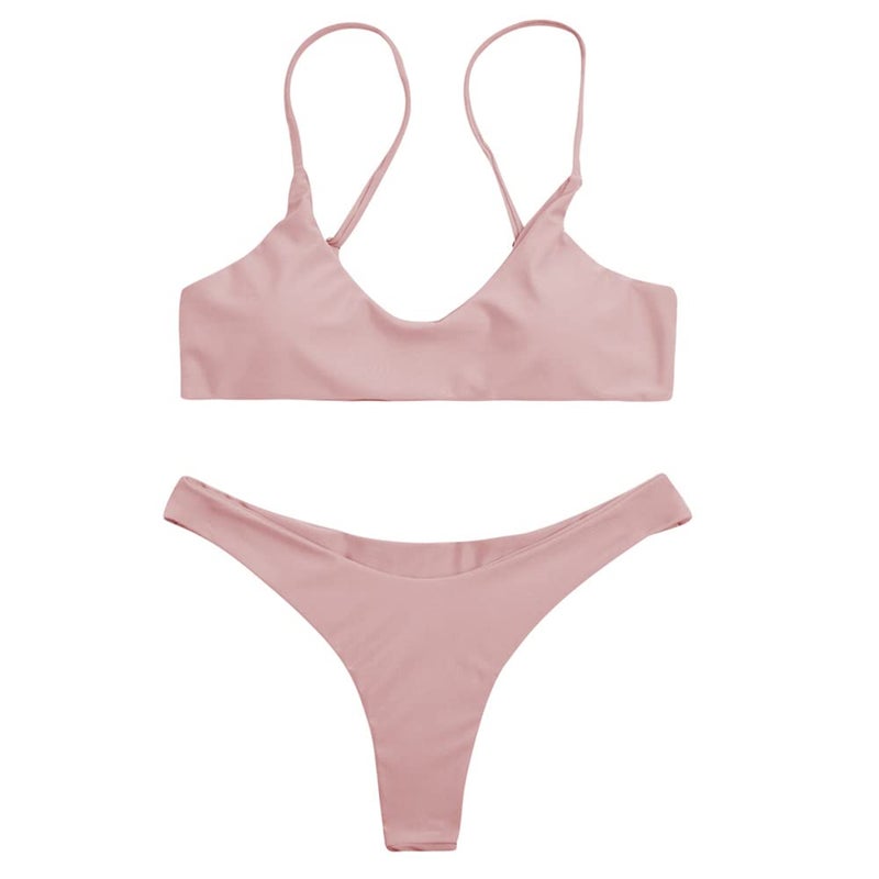SherryDC Women's Solid Scoop Neck Push Up Padded Brazilian Thong Bikini Swimsuit,Pink,M - Image 3