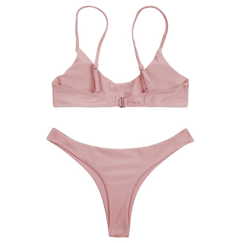 SherryDC Women's Solid Scoop Neck Push Up Padded Brazilian Thong Bikini Swimsuit,Pink,M - Image 4