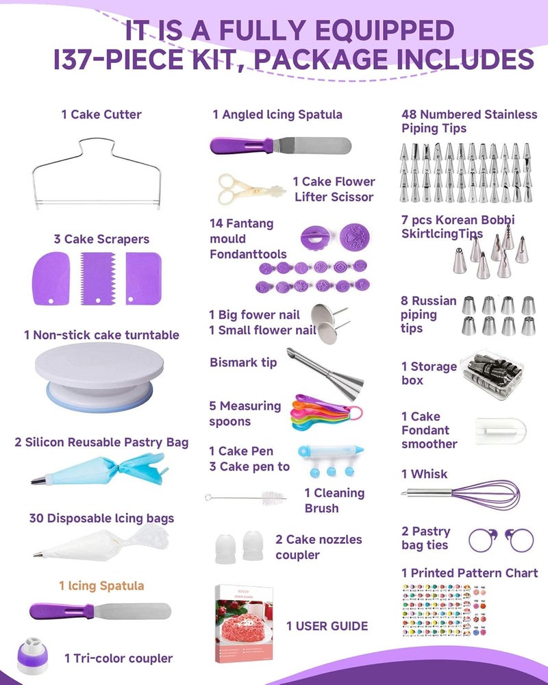 Boyun Cake Decorating Kit, 137pcs Cake Decorating Supplies With Cake Turntable For Decorating, Pastry Piping Bag, Russian Piping Tips Tools, Baking Supplies For Beginners - Image 5