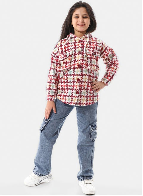 Houndstooth Pattern Hooded Girls Jacket