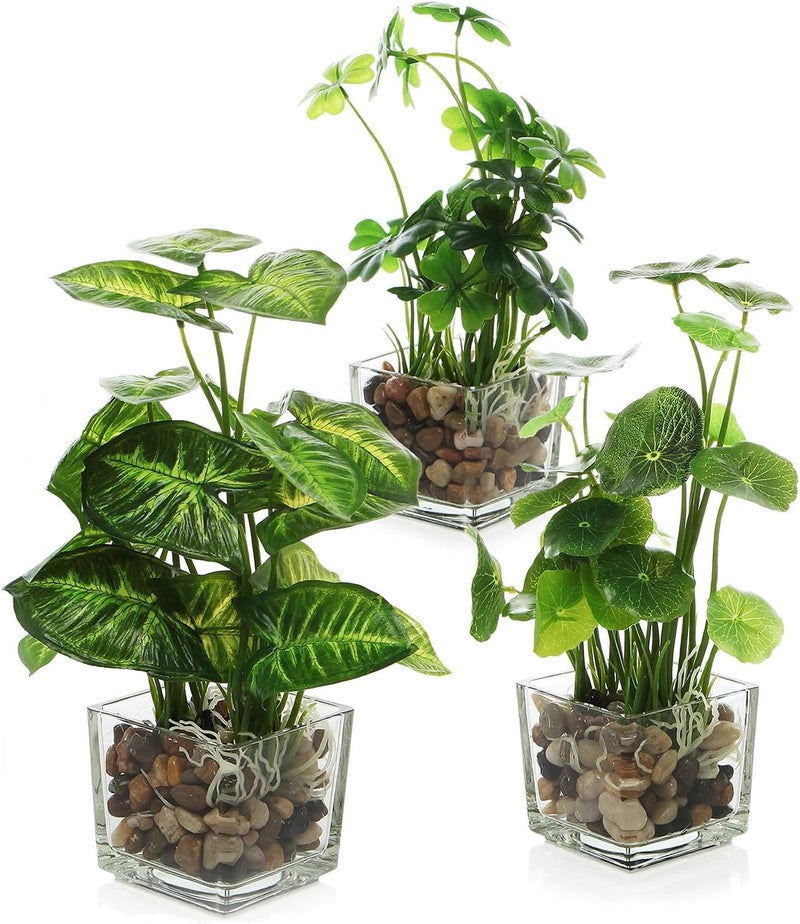 Angju Set of 3 Small Fake Plants, Artificial Faux Potted Plants Indoor in Square Clear Glass Pot, Faux Plant Decor for Room, Decorative Potted Greenery Plant in Tabletop Planter - Image 1