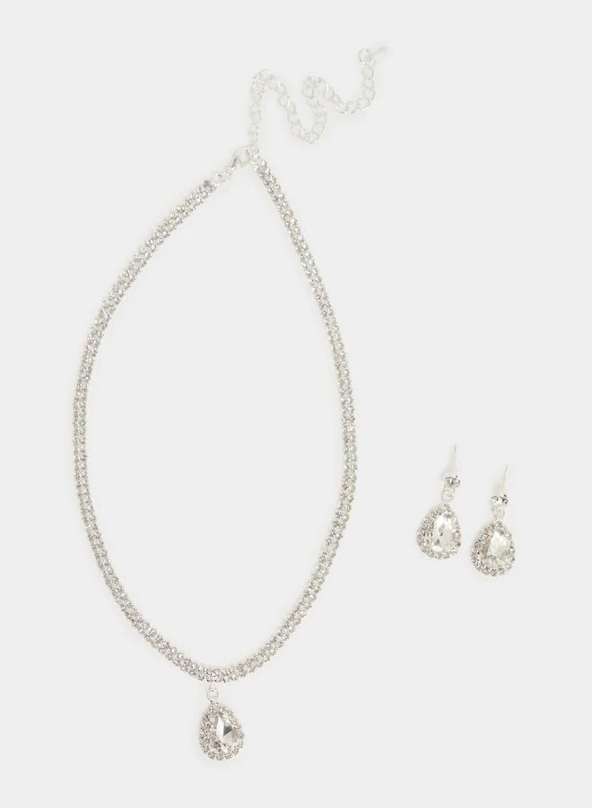 Styli Silver Crystal Pendant Necklace and Earrings Jewelry Set