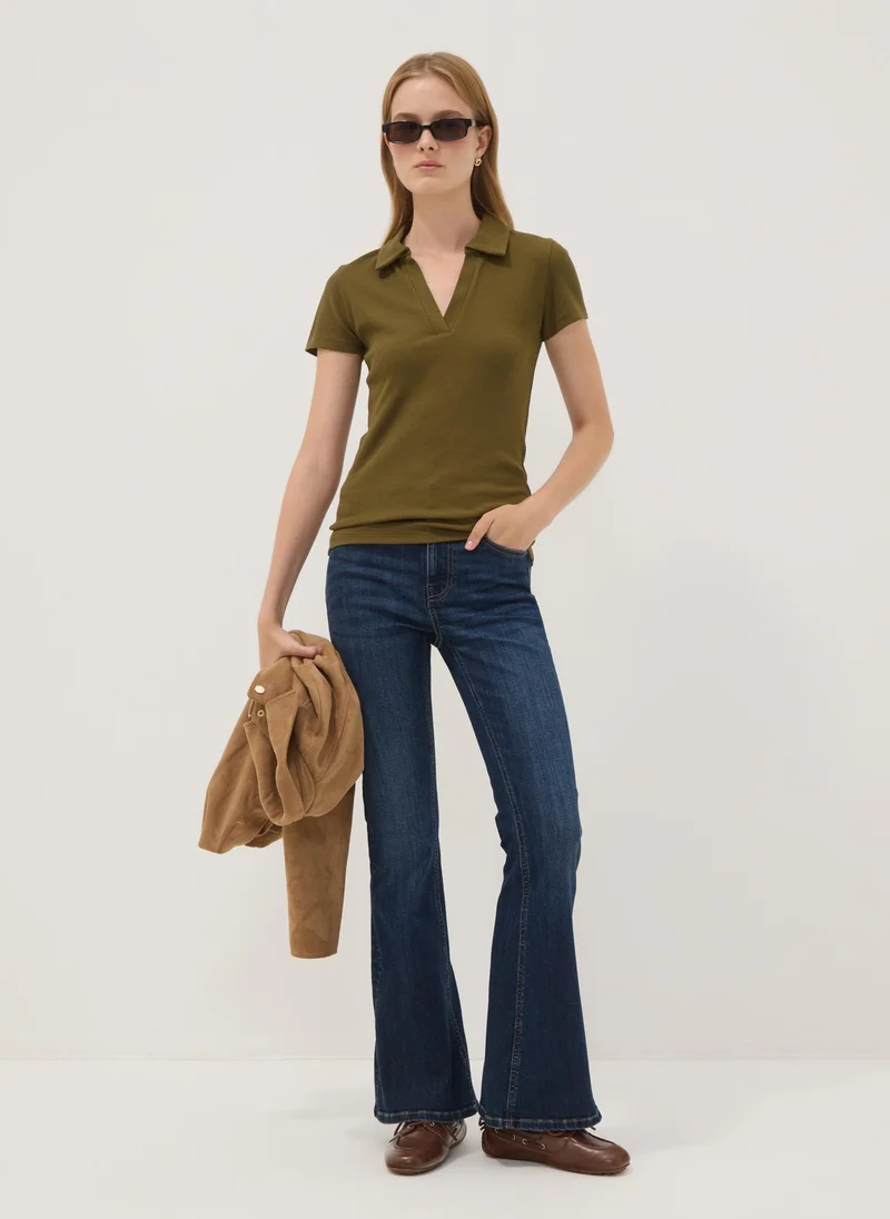 او في اس OVS Green Stretch Cotton V-Neck Polo Shirt With Open Neckline, Regular Fit