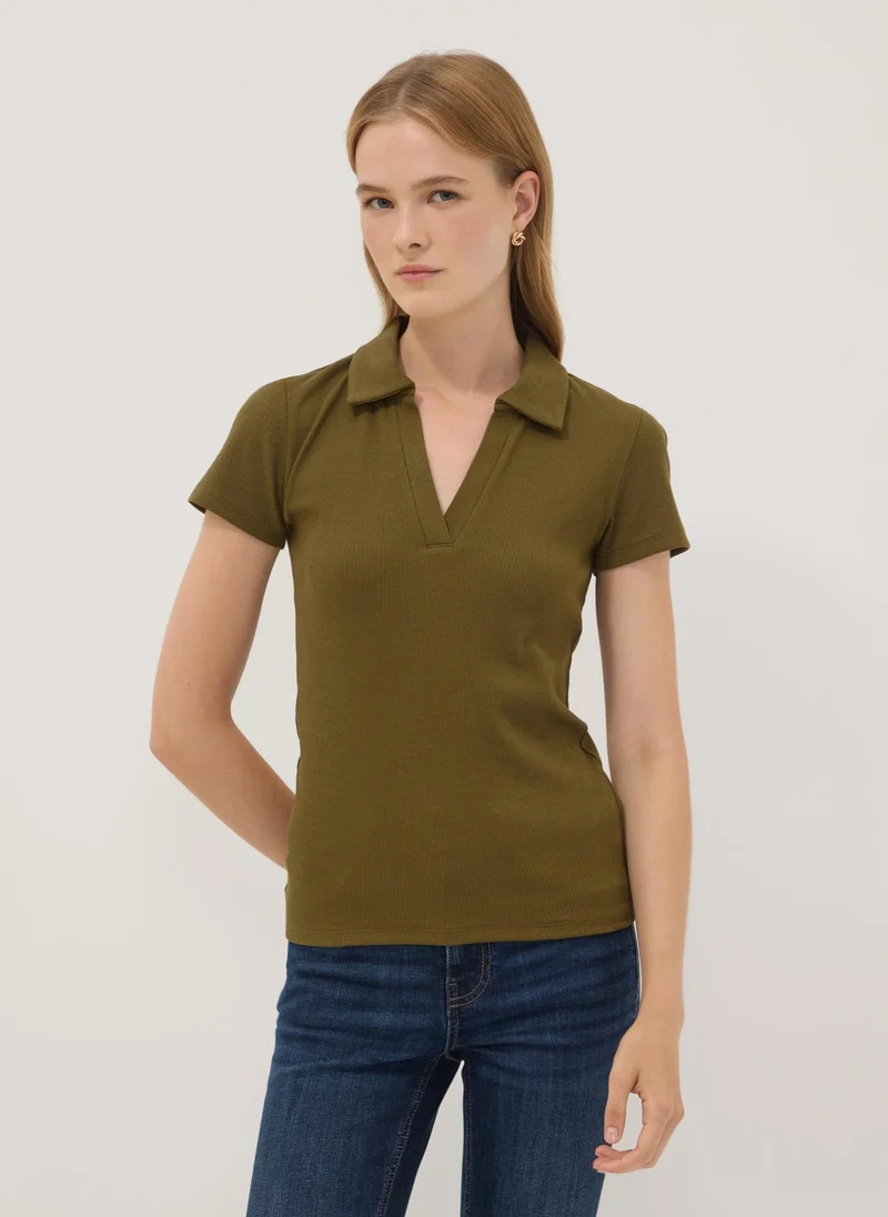 او في اس OVS Green Stretch Cotton V-Neck Polo Shirt With Open Neckline, Regular Fit