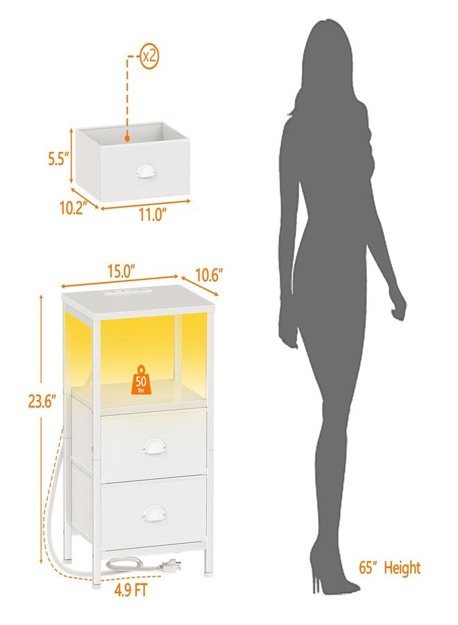 Furologee LED Night Stand with Charging Station, White Nightstand with Fabric Drawers, Bedside Table with Storage Shelf, End Table for Living Room/Bedroom/Dorm - Image 2