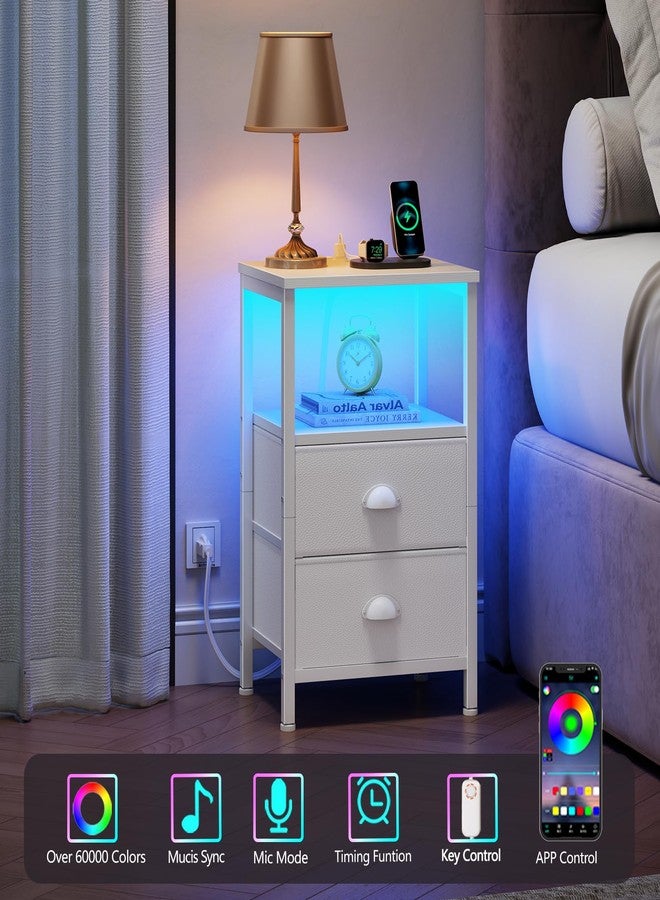 Furologee LED Night Stand with Charging Station, White Nightstand with Fabric Drawers, Bedside Table with Storage Shelf, End Table for Living Room/Bedroom/Dorm - Image 4